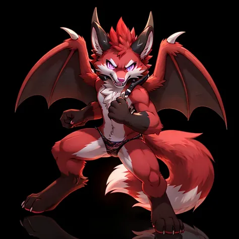 Anthropomorphic male crimson fox, with purple eyes, pink nose, black ears, black sholders, horns, two tails, white hands, wearing panties, with wings with a spike on top, full body view, in a fighting pose, ready to fight, with an angry, black background, ...