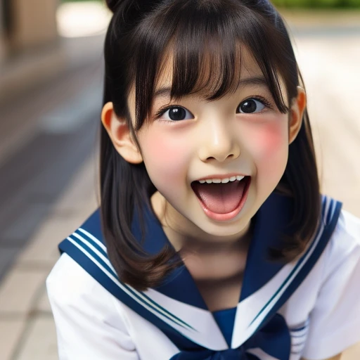 Japanese,10 years old,Summer Sailor Uniform,Look Up,Looking up,Cross-eyed,Cross-eyed,Open your mouth wide,Sticking out tongue,Showing tongue,cute,Face close-up,Twin bun hairstyle