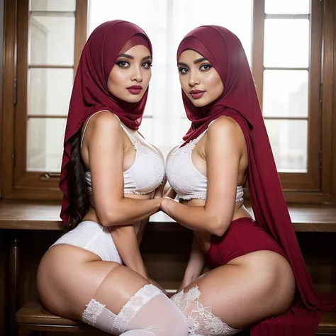 back view, In a regal setting, two thick sexually attractive hourglass figure adult video star (hijabi) Muslim ladies sit side by side on a floor showcasing her back to viewer, radiating elegance and confidence. They share the same height and body proporti...