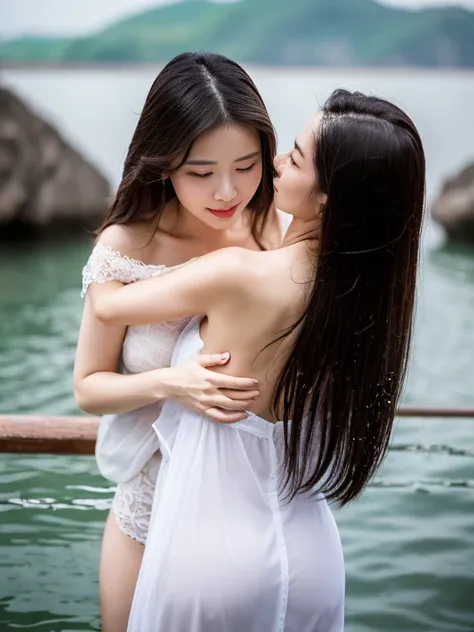 Tall, beautiful long hair, sexy, blue eyes, temperament woman, off shoulder revealing breasts, (big breasts) , Vietnamese girl, sea, the old man hug girl. The old man kiss her. Wet body.