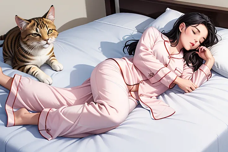 woman sleeping in bed１people、(((woman is wearing pajamas)))、sleeping cat１animals、the cat is lying down、anatomically accurate bod...