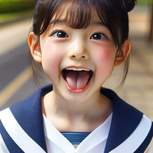 Japanese,10 years old,Summer Sailor Uniform,Look Up,Looking up,Cross-eyed,Cross-eyed,Open your mouth wide,Sticking out tongue,Showing tongue,cute,Face close-up,Twin bun hairstyle