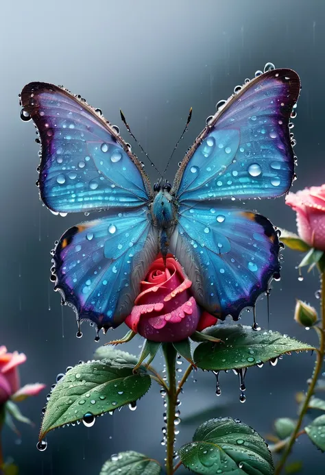 (realistic, photorealistic:1.2), mariposa azul (butterfly:1.1), resting on una (a) rosa (rose), with raindrops gotas de lluvia, ...