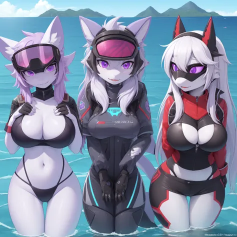 ((best quality, Masterpiece, perfect anatomy, Detailed pictures)), 1 female, arctic protogen, shark girl, Long visor, purple visor, purple eyes, sexy body, Big Pong, big breasts, Future military clothing, Shark tail, red red, shy, in the sea, front view