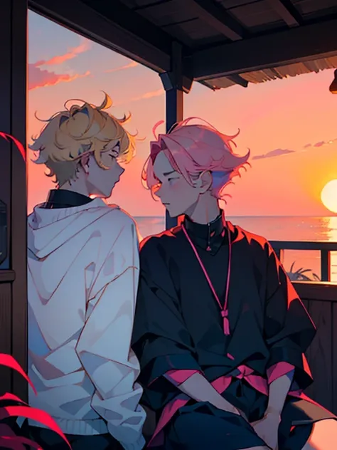 Two boys sitting together watching the sunrise，shoun，Two teenagers，On the left is the blond boy，Short hair，side parted hair，On the right is the pink-haired boy，voluminous and messy hair，Sunny lovely，Handsome，Lovers，𝓡𝓸𝓶𝓪𝓷𝓽𝓲𝓬，sunraise