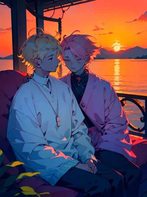 Two boys sitting together watching the sunrise，shoun，Two teenagers，On the left is the blond boy，Short hair，side parted hair，On the right is the pink-haired boy，voluminous and messy hair，Sunny lovely，Handsome，Lovers，𝓡𝓸𝓶𝓪𝓷𝓽𝓲𝓬，sunraise