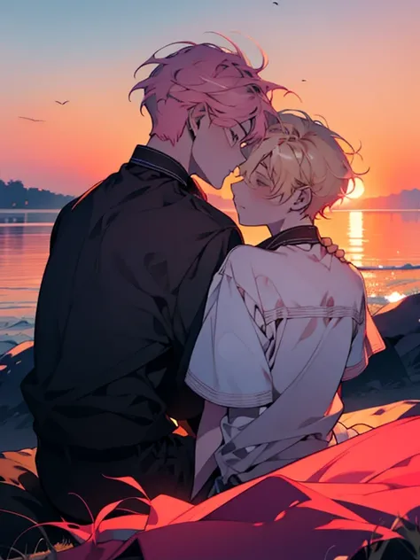 Two boys sitting together watching the sunrise，shoun，Two teenagers，On the left is the blond boy，Short hair，side parted hair，On the right is the pink-haired boy，voluminous and messy hair，Sunny lovely，Handsome，Lovers，𝓡𝓸𝓶𝓪𝓷𝓽𝓲𝓬，sunraise