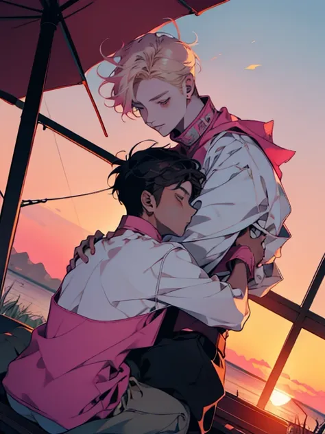 Two boys sitting together watching the sunrise，shoun，Two teenagers，On the left is the blond boy，Short hair，side parted hair，On the right is the pink-haired boy，voluminous and messy hair，Sunny lovely，Handsome，Lovers，𝓡𝓸𝓶𝓪𝓷𝓽𝓲𝓬，sunraise