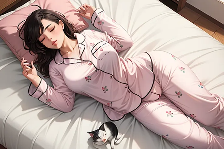 woman sleeping in bed１people、sleeping cat１animals、(((woman is wearing pajamas)))、the cat is lying down、anatomically accurate bod...