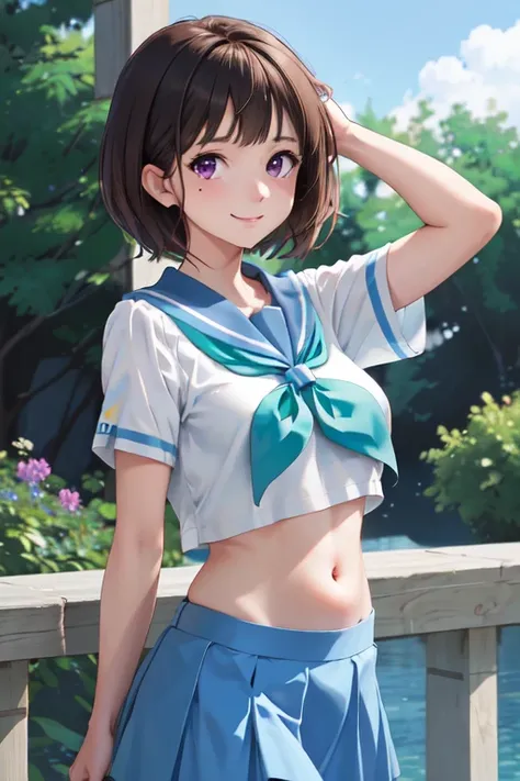 masterpiece, best quality, highres, 1girl, solo, brown hair, short hair, purple eyes, mole under eye, , white shirt, blue sailor collar, green neckerchief,  short sleeves, blue skirt, smile, Belly button、Hide your arms behind your body