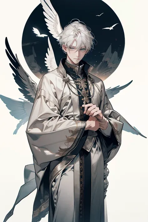 4k, masterpiece, high quality, 8k, high quality details, soft dull lighting, floating particles, white background, white pale skin, silver hair, soft grey eyes, expressionless, long straight silver hair, 1male, androgynously, young feminine prince, soft gr...