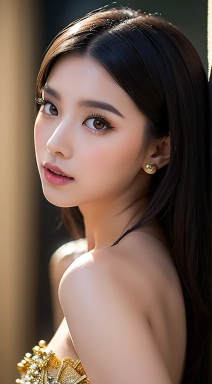 A full-body photo of a beautiful 25-year-old Asian woman, her black dress decorated with delicate gold studs catching the light and adding to her allure. The material of the dress revealed her seductive figure, while her beautiful and mysterious face remai...