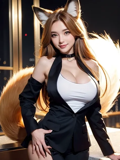 ((highest quality, 32k)), ((masterpiece)), (Get used to it), Perfect Face, Fox Girl, Beautiful woman, public, There is a tail, she has a fox tail, She wags her fluffy tail, smile, collar, She wears a business suit, Beautiful hip line, A tail sticking out f...