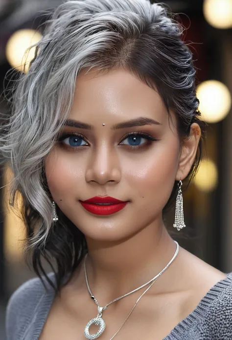 Urban beautiful girl college student, masterpiece, light makeup, red lips, silver hair, messy long hair, street background, beautiful, elegant. super fine details, master works, authentic texture, cinematic lighting realism, perfect job, 16K, hd, exquisite...