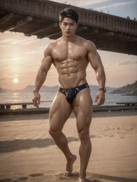 Full body photorealistic masterpiece, best quality, high quality, intricate details, perfect lightings, 1boy, solo, male focus, looking at viewer, a young handsome muscular vietnamese boy, male model, flexing, mischievous, naughty, detailed eyes, detailed ...