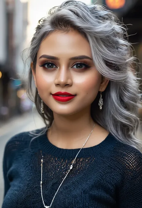 Urban beautiful girl college student, masterpiece, light makeup, red lips, silver hair, messy long hair, street background, beautiful, elegant. super fine details, master works, authentic texture, cinematic lighting realism, perfect job, 16K, hd, exquisite...