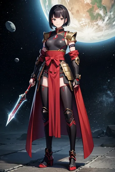 Anime Art、Full body portrait、Space SF Armored Warrior、A woman around 26 years old, around 160cm tall, wearing red armor and hakama, standing upright with a spear in her hand、Smiling、Short black hair、Flat chest、Arm guard、Leggers、boots、hair ornaments