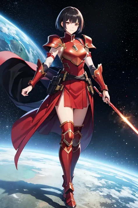 Anime Art、Full body portrait、Space SF Armored Warrior、A woman around 26 years old, around 160cm tall, wearing red armor and hakama, standing upright with a spear in her hand、Smiling、Short black hair、Flat chest、Arm guard、Leggers、boots、hair ornaments