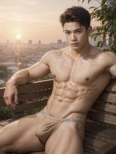 Full body photorealistic masterpiece, best quality, high quality, intricate details, perfect lightings, 1boy, solo, male focus, looking at viewer, a young handsome muscular vietnamese boy, male model, flexing, mischievous, naughty, detailed eyes, detailed ...