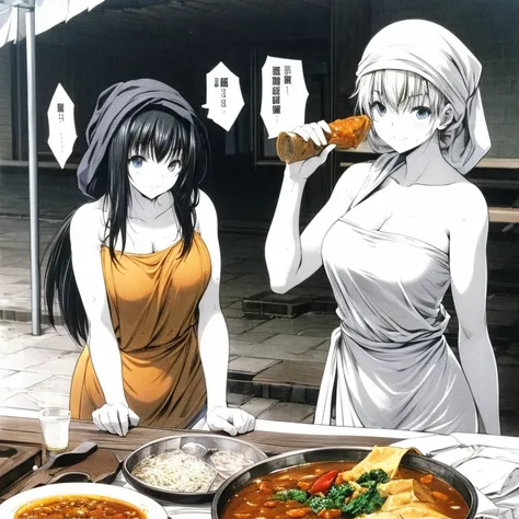 A woman with a towel wrapped around her head eating curry at a food stall　Tight clothing　highest quality　Huge servings of curry lined up on the table　Full Color