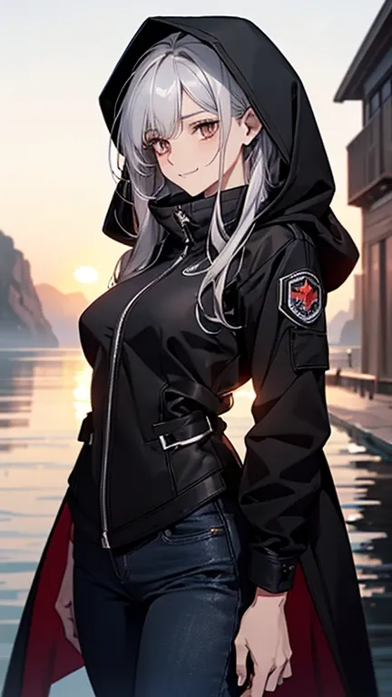 (Confused, High resolution, Very detailed), 1 female, Silver Hair,Long Hair,Reddish brown eyes,boots,Wearing a hood,Black coat,Skinny jeans,Black and white pilot suit,,Small breasts,Age 25,Beautiful woman,Adult female,,thin,quiet,Calm,shy little smile,Coas...