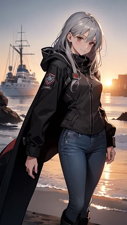 (Confused, High resolution, Very detailed), 1 female, Silver Hair,Long Hair,Reddish brown eyes,boots,Wearing a hood,Black coat,Skinny jeans,Black and white pilot suit,,Small breasts,Age 25,Beautiful woman,Adult female,,thin,quiet,Calm,shy little smile,Coas...