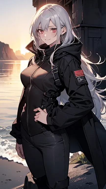 (Confused, High resolution, Very detailed), 1 female, Silver Hair,Long Hair,Reddish brown eyes,boots,Wearing a hood,Black coat,Black skinny jeans,Black and white pilot suit,,Small breasts,Age 25,Beautiful woman,Adult female,,thin,quiet,Calm,shy little smil...