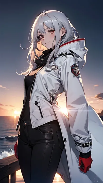 (Confused, High resolution, Very detailed), 1 female, Silver Hair,Long Hair,Reddish brown eyes,boots,Wearing a hood,White long coat,Skinny jeans,Black and white pilot suit,,Small breasts,26 years old,Beautiful woman,Adult female,,thin,quiet,Calm,shy little...