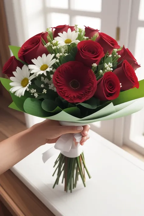 a red flower in the middle of a bouquet of white flowers, being offered to the viewer of the image, realistic image, high definition, ultra realistic, detailed, 4k, 8k