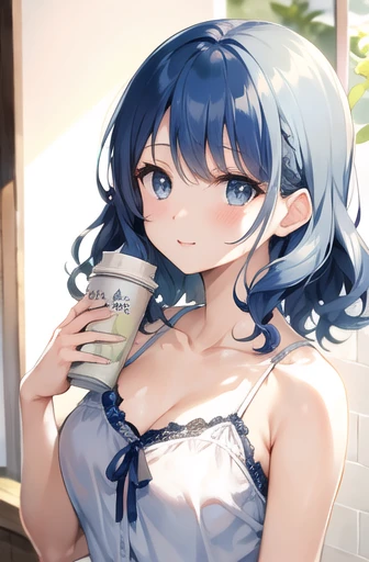 Dark light blue hair，Curly Hair，morning日を見ている，morning，girl