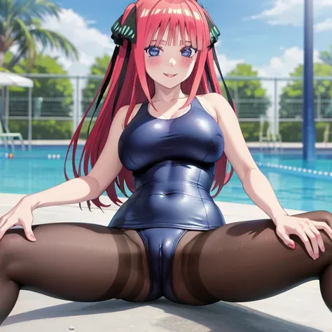 best quality, ultra-detailed masterpiece, anime art style, cute character, nino nakano, large breasts, blush, smile, one-piece swimsuit, pantyhose, pussy focus, open legs