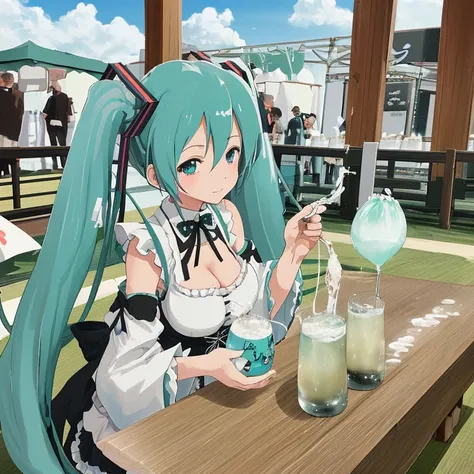 Hatsune Miku serving cloudy sake at Oktoberfest