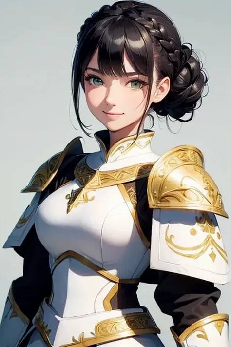 ((Masterpiece: 1.3)), ((Highest quality: 1.2)), ((Very detailed: 1.4)),
One Girl,
((Black Hair: 1.1)), ((Updo: 1.1)), Hair Bun,
((White Armor: 1.2)), (((Woman warrior))),
Green Eyes,
Smile,
((Simple Background: 1.1)).