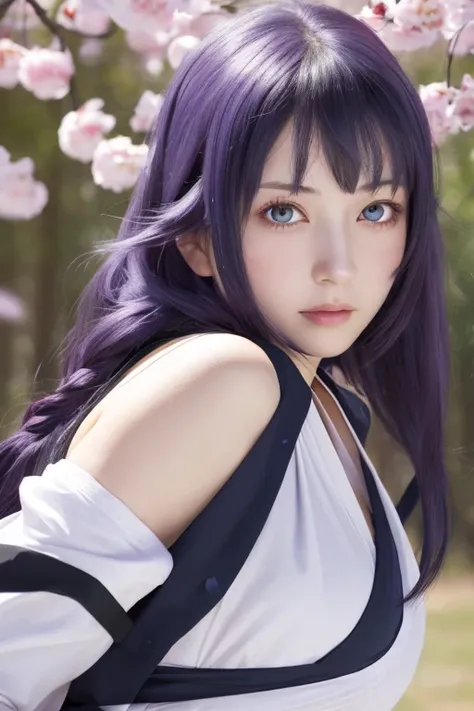 (masterpiece), best quality, 1girl, looking at viewer, (hinata)(shippuden), parted lips, wind lift, bottomless, purple fabric ,blue black hair, long hair, white eyes, solid eyes, big breast masterpiece, absurdres, hinata(boruto), 1girl, solo,mature female,...