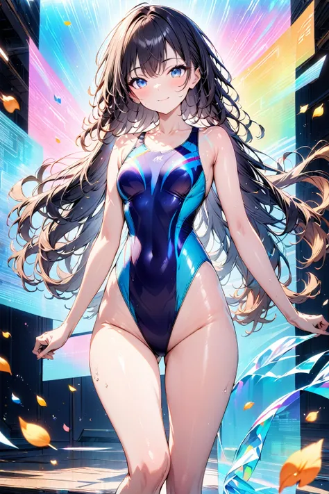 masterpiece, best quality, 1girl, solo, black hair, long hair, bangs, blue eyes, smile, closed mouth, competition swimsuit, blue one-piece swimsuit, highleg, standing, cowboy shot, holographic, colorful background, flowers, petals, collarbone