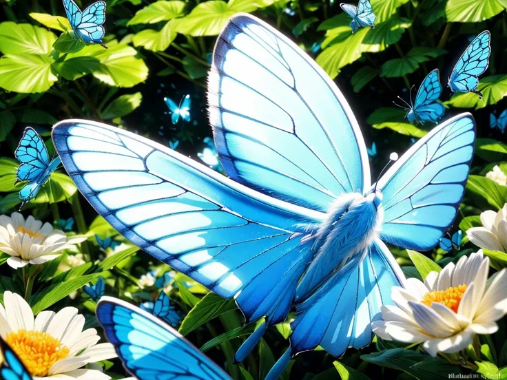 (best quality,4k,highres,masterpiece:1.2),ultra-detailed,realistic,white flowers gathering,((blue butterflies)),illustration,soft-focus bokeh,delicate petals,vibrant colors,sunlit garden,serene atmosphere,harmonious composition,macro photography.