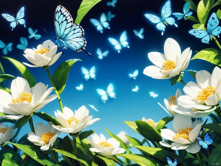 (best quality,4k,highres,masterpiece:1.2),ultra-detailed,realistic,white flowers gathering,((blue butterflies)),illustration,sof...