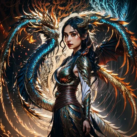 In the depths of a dark and moody background, a girl with dragon wings emerges, her elongated limbs adorned with intricately detailed dragon scales that shimmer in the sharp focus of the hand-drawn image. Stunning feathers, vibrantly colored and expertly r...