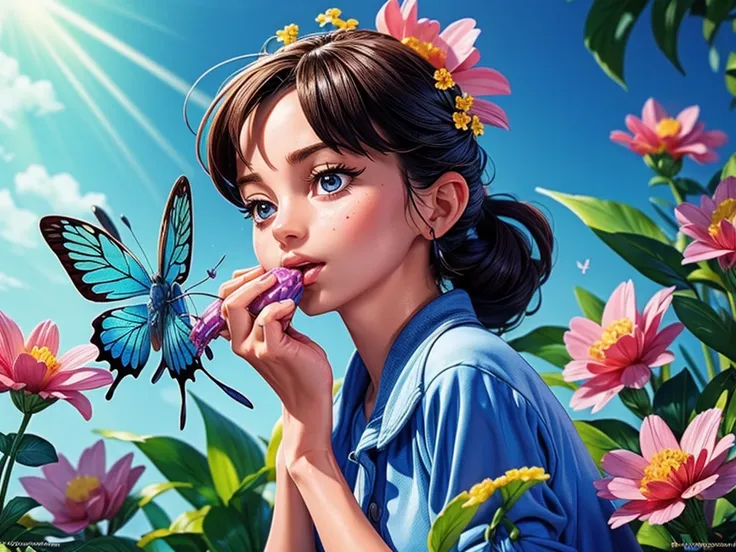 (highest quality、4K、High resolution、masterpiece:1.2)、Super detailed、Real、Blue Butterfly、Sucking nectar from flowers