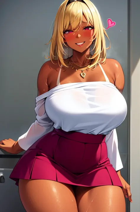 (nsfw),masterpiece,ultra detailed,sharp focus,4k digital art,high resolution,realistic skin,(aroused:1.7),(off-the -shoulder blouse,short skirt,necklace),(blonde hair,medium straight hair),(sweaty:1.2),(tanned skin:1.3),grinning,(trembling,flying heart-sha...