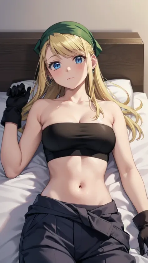 (((Pixel Perfect, Perfect detail))), ((alone, 1 girl)), winry rockbell, blue eyes, blonde hair, gloves, navel, cleavage, bare shoulders, collarbone, earrings, midriff, pants, stomach, bare arms, strapless, bandana, bandeau, tube top, grey gloves, (lying on...