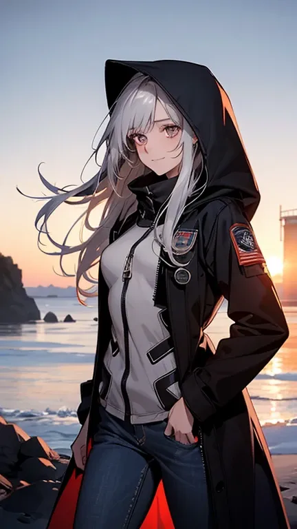 (Confused, High resolution, Very detailed), 1 female, Silver Hair,Long Hair,Reddish brown eyes,boots,Wearing a hood,navy long coat,Skinny jeans,Black and white pilot suit,,Small breasts,24-years-old,Beautiful woman,Adult female,,thin,quiet,Calm,A small smi...