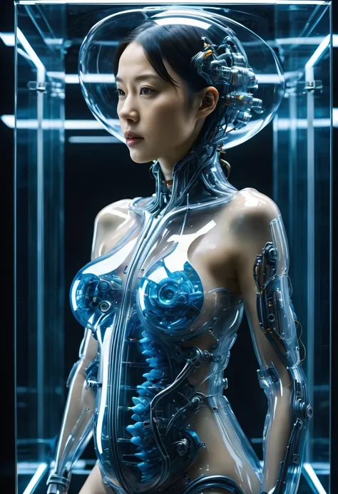 错综Intricate details，absurd，Photo-realistic，Inspired by Iris van Herpen，futuristic photo，erotic misshapen incoherence，Design a beautiful poster，The poster features a female mechanical futuristic robot，There&#39;s an artificial womb inside，There&#39;s a baby...