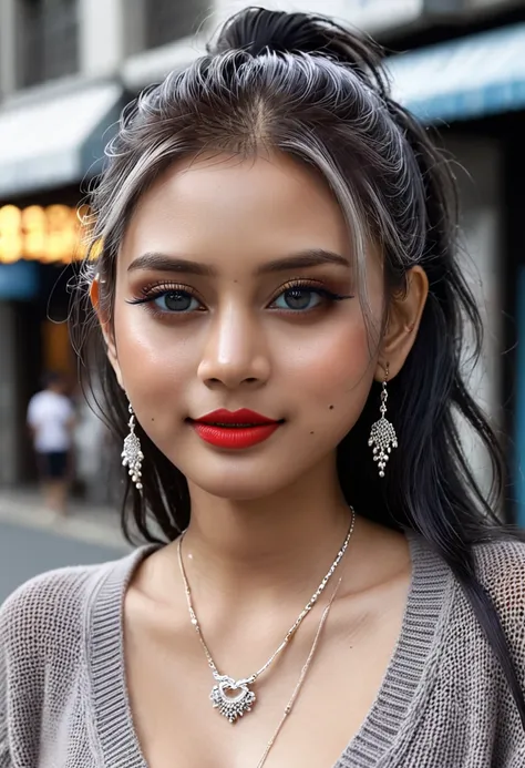 urban beautiful girl college student, masterpiece, light makeup, red lips, silver hair, messy long hair, street background, beau...