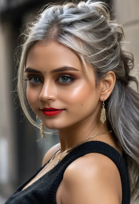 urban beautiful girl college student, masterpiece, light makeup, red lips, silver hair, messy long hair, street background, beau...