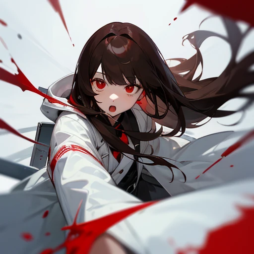 Long, straight, brown hair with black tips、Bangs are blunt、Red eye color、boy、Researcher、Wearing a white coat、Falling、Bloodを吐いている、Blood、口からBloodを吐いている、Bloodが出ている、Mouth open、I&#39;m in pain、Look sick、Red liquid coming out of mouth、Falling、Struggling、Are cryi...