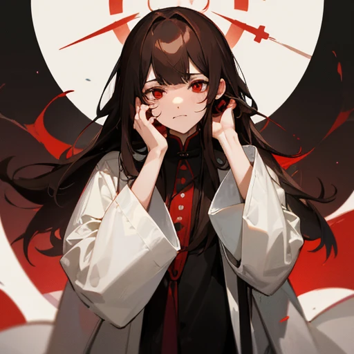 Long, straight, brown hair with black tips、Bangs are blunt、Red eye color、boy、Researcher、Wearing a white coat、Im making a fool of myself、Hands on the face、laughing、Has a dumbfounded face、has a look of disdain、Looking down on