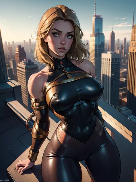 (best quality,4k,8k,highres,masterpiece:1.2),ultra-detailed,(realistic,photorealistic,photo-realistic:1.37),beautiful ((Power girl)),muscular,beautiful detailed eyes,beautiful detailed lips,longeyelashes,dark blond hair cascading down her shoulders,black l...