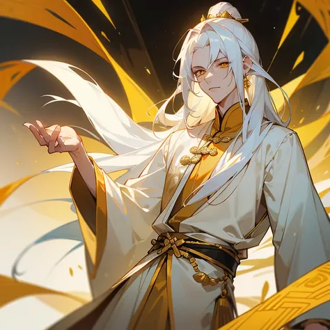 Handsome young man, slim build, pale complexion, long white hair loose with an ancient Chinese high tail hairstyle, pointed ears, golden eyes, white and gold clothes of an ancient Chinese imperial prince, golden jewelry with white gems.