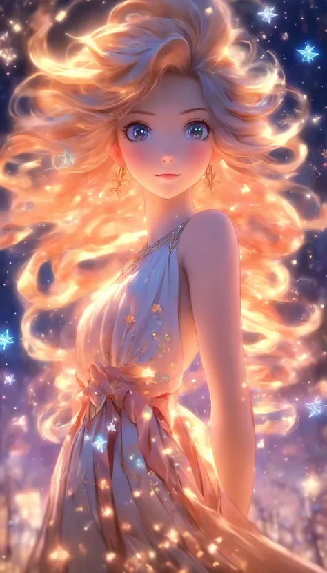 A captivating, full-body anime illustration of a charming girl with long, flowing hair and a beautiful face. Her eyes are large and expressive, filled with innocence and cuteness. The character wears a stunning dress adorned with delicate patterns and a go...